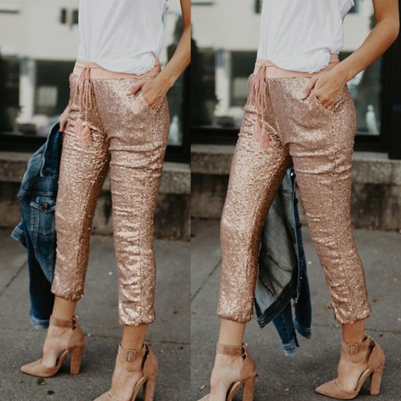 TWO LEFT! Rose Gold Sequin Pants - Picture 3 of 9